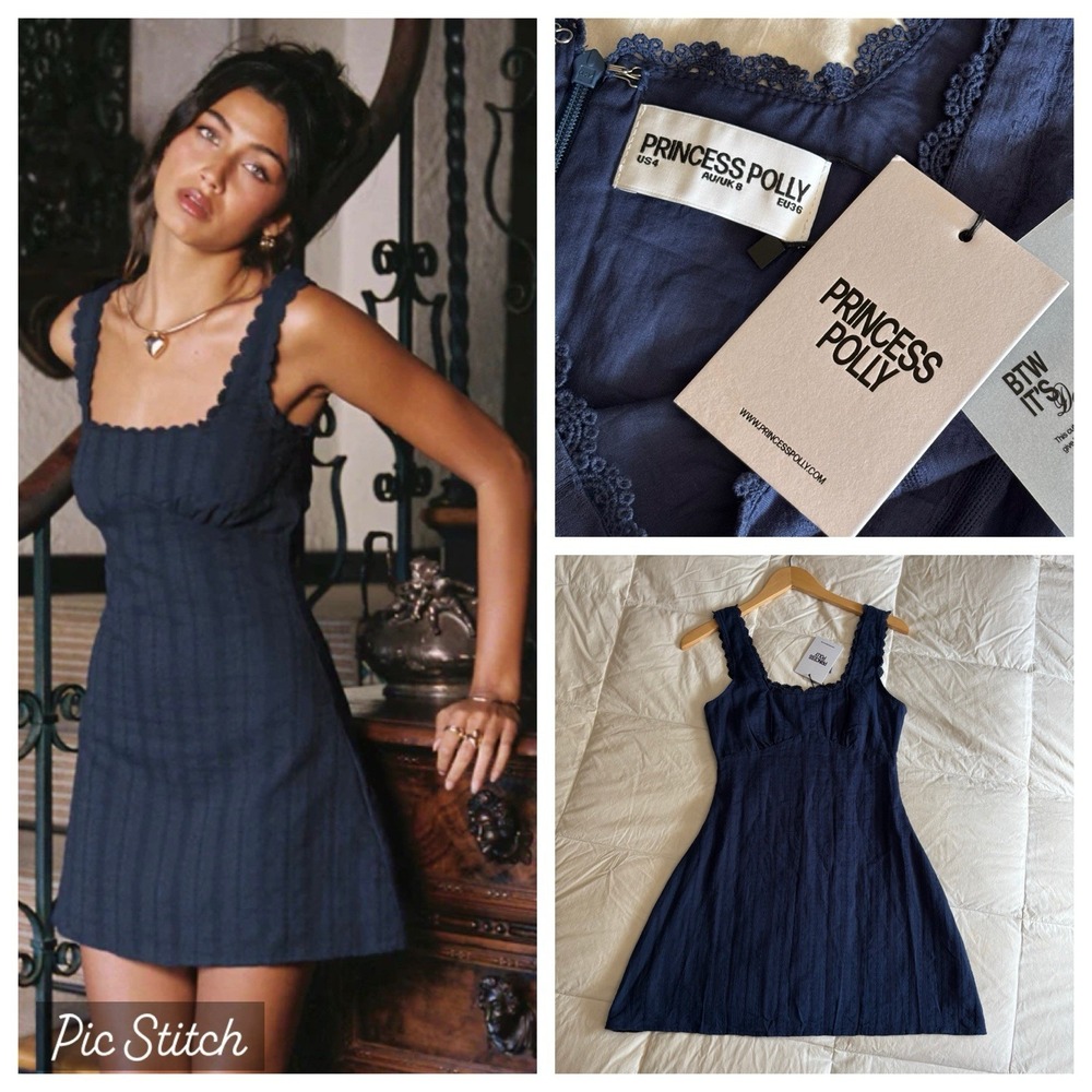 NWT Princess Polly Dasha Mini Dress Women 4 Navy Blue Dark Coquette Doll Grunge